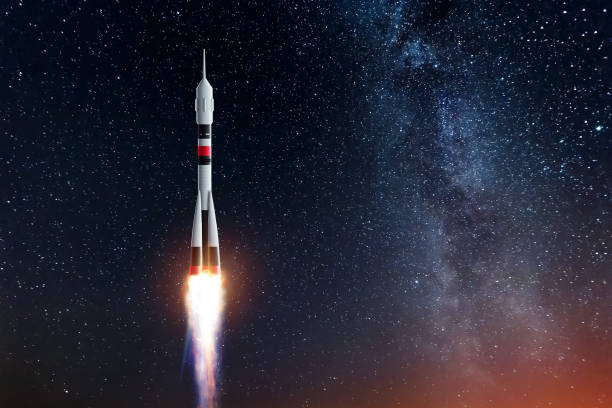 istock Rocket against the starry sky. The concept of space exploration, satellite launch, flight to the moon, flight to Mars, free internet. Elements of this image furnished by NASA. Mixed media 1091164150