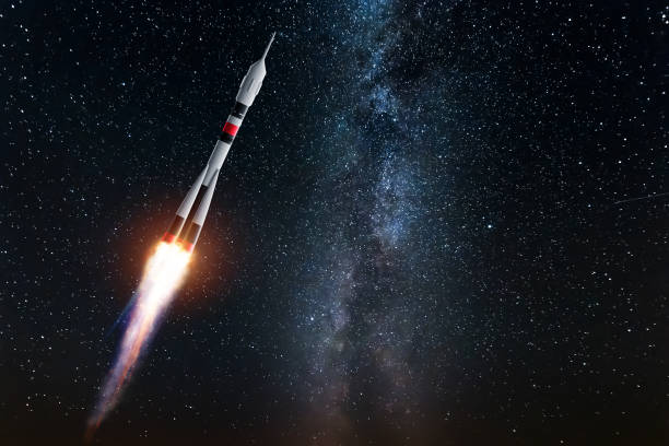 istock Rocket against the starry sky. The concept of space exploration, satellite launch, flight to the moon, flight to Mars, free internet. Elements of this image furnished by NASA. Mixed media 1091164154