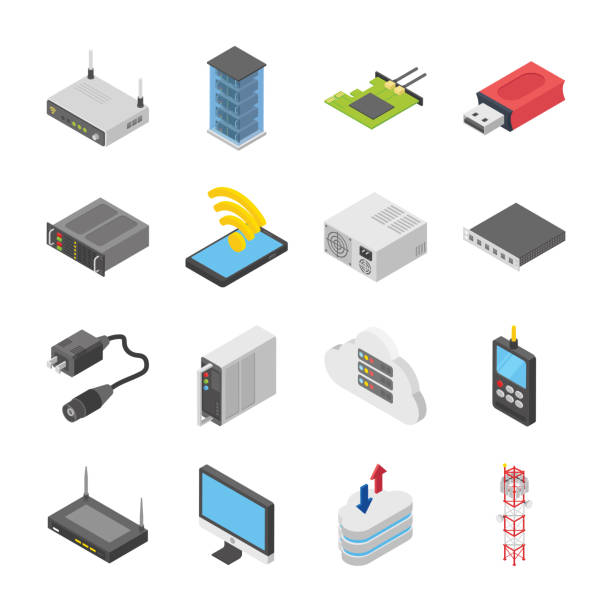 ilustraciones, imágenes clip art, dibujos animados e iconos de stock de red y los iconos de los dispositivos de conexión - modem usb cable internet wireless technology