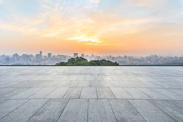 istock Panoramic city skyline and buildings with empty square floor 1091167268