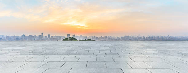 istock Panoramic city skyline and buildings with empty square floor 1091167306