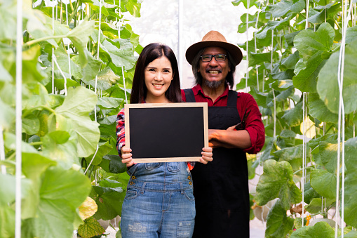 Young Asian beautiful woman holding an empty board with copy space alongside with senior South Asian man inside agricultural outdoors farming field