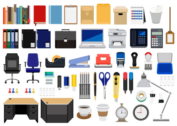 Collection of office stationery, furnitures, and machines isolated on white background Collection of office stationery, furnitures, and machines isolated on white background office equipment stock illustrations