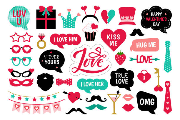 Valentine's Day photo booth props. Valentine's Day photo booth props set.  Love lettering,  heart,  hat, kiss, glasses, garland and other elements for selfie. Photobooth template to cut. Concept with stickers for party. selfie borders stock illustrations