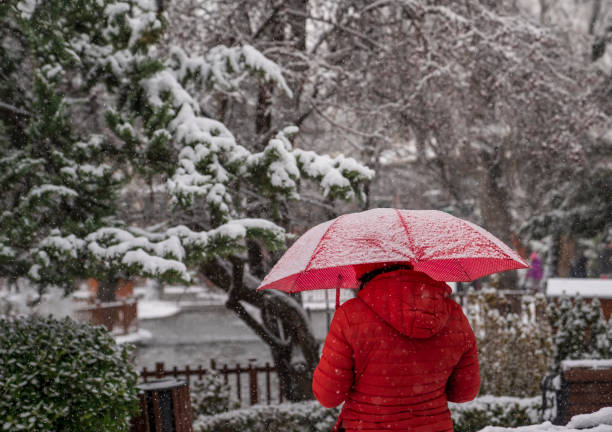 istock Girl in red coat under red umbrella during snowing 1091193728
