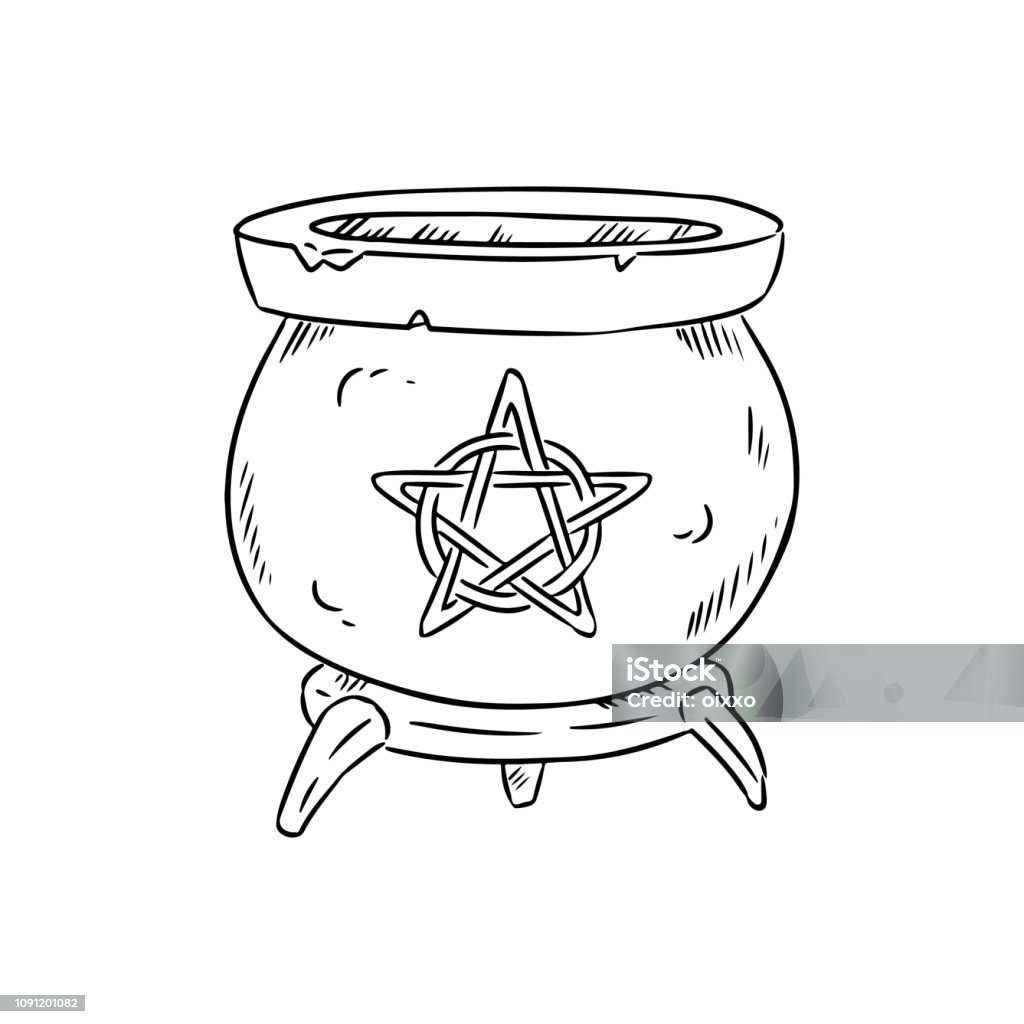 Magic cauldron with pentagram doodle sketch. Hand drawn wiccan design. Alchemy, potions symbol Cauldron stock vector