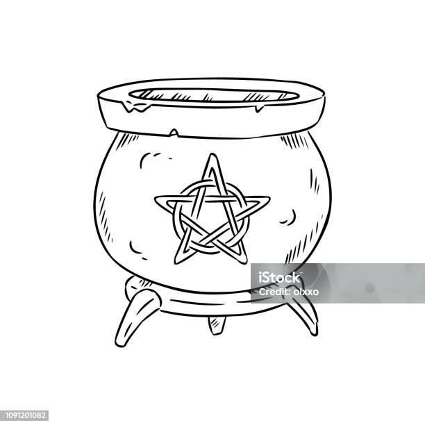 Magic Cauldron With Pentagram Doodle Sketch Hand Drawn Wiccan Design Alchemy Potions Symbol Stock Illustration - Download Image Now