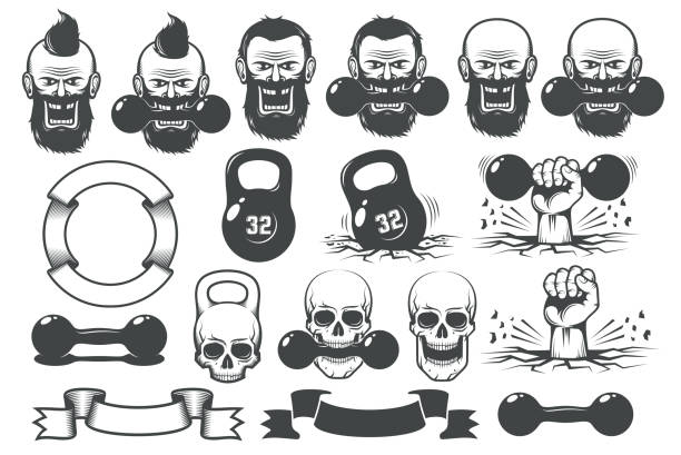 Gym fitness set of design elements Gym fitness set of design elements. Dumbbells, weights, hands, heraldic ribbons, skulls and bearded heads. gas pump hand stock illustrations