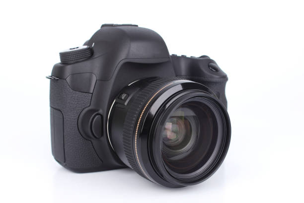 istock Black DSLR Camera isolated on white background 1091204912