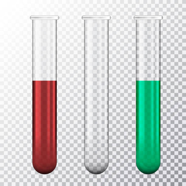 satz von realistische darstellung von drei teströhrchen mit roten oder grünen flüssigkeit isoliert auf transparentem hintergrund - vektor - reagenzglas stock-grafiken, -clipart, -cartoons und -symbole