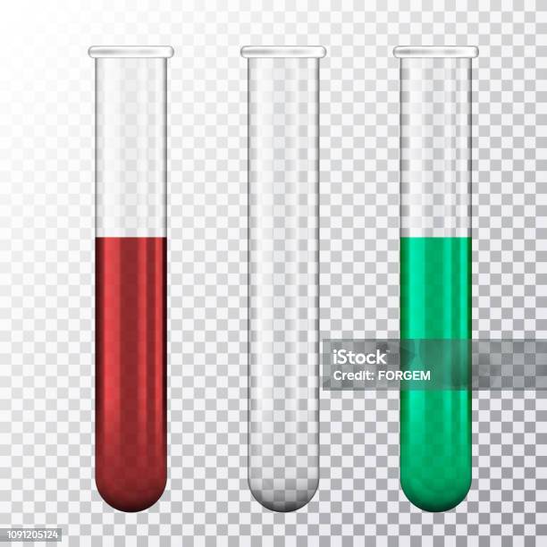 Set Of Realistic Illustration Of Three Test Tube With Red Blood Or Green Fluid Isolated On Transparent Background Vector Stock Illustration - Download Image Now