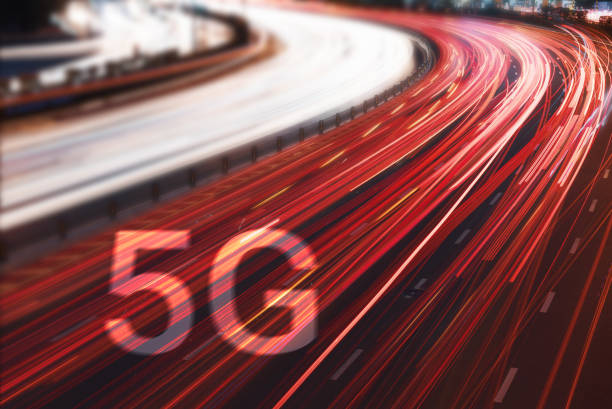 5G new wireless internet wifi connection on cars light trails stock photo