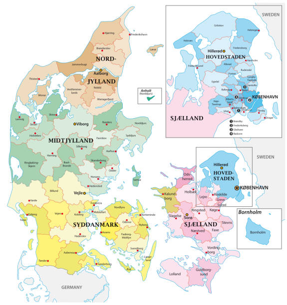 ilustraciones, imágenes clip art, dibujos animados e iconos de stock de mapa de contorno de vector administrativo y político del reino de dinamarca - denmark map copenhagen cartography