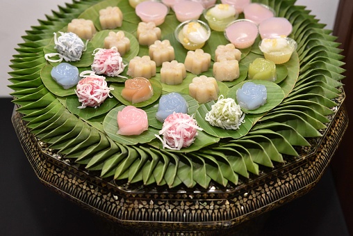 Thai Dessert Set on banana leaves plate. Setup for sale in local food or Display for Dessert in Thai Food Event.