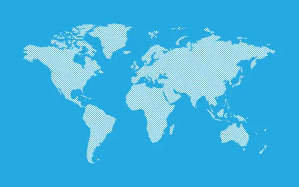 Vector illustration of blue hatched map of the world line style