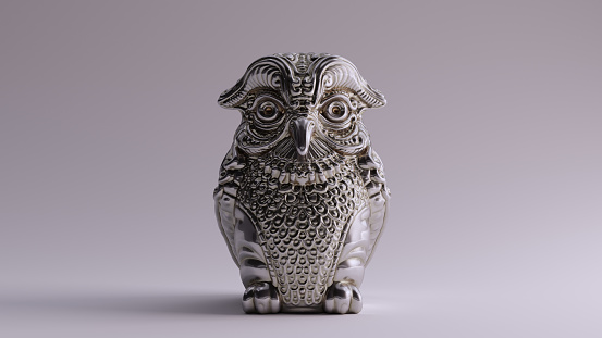Antique Silver Owl Greek Goddess Athena's Legendary Metal Owl Bubo 3d illustration 3d render