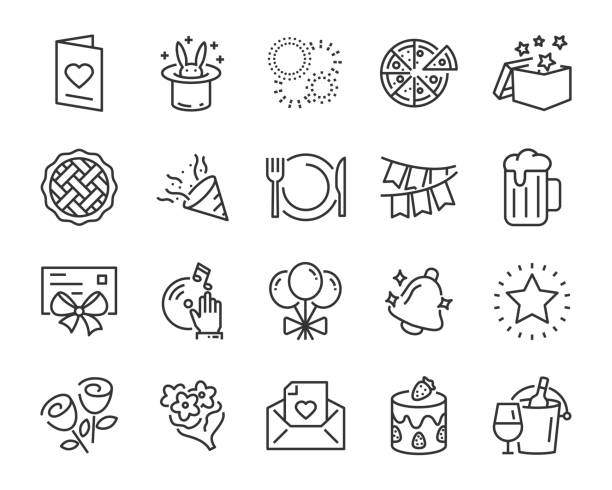 set of celebration icons, such as gift, christmas, party, champagne, event, birthday set of celebration icons, such as gift, christmas, party, champagne, event, birthday happ stock illustrations