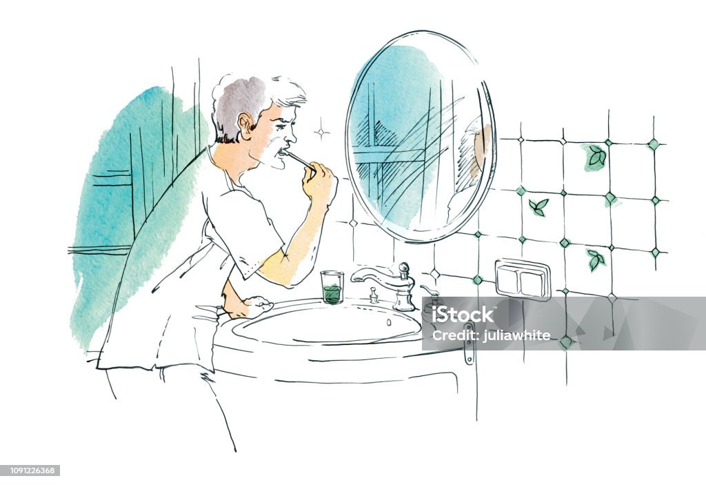 A man is brushing his teeth in the mirror in the bathroom. A man is brushing his teeth in the mirror in the bathroom.  Graphic drawing, bitmap illustration with elements of watercolor Adult stock illustration