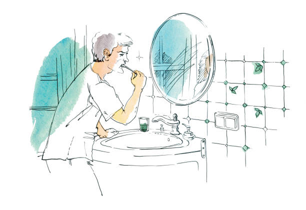 A man is brushing his teeth in the mirror in the bathroom. A man is brushing his teeth in the mirror in the bathroom. Graphic drawing, bitmap illustration with elements of watercolor black man brushing teeth stock illustrations