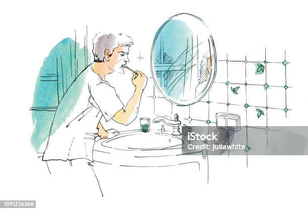 A Man Is Brushing His Teeth In The Mirror In The Bathroom Stock Illustration - Download Image Now