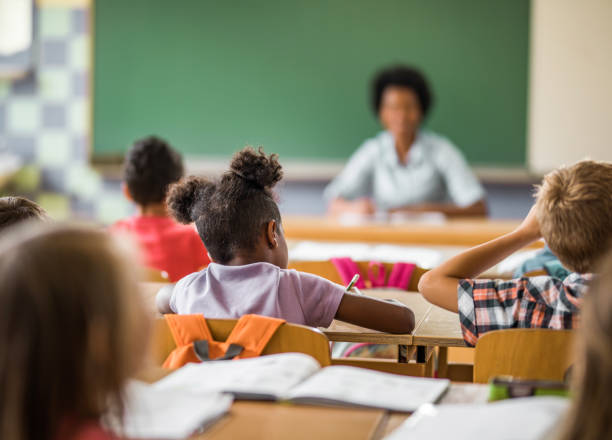 istock Rear view of students during a class at elementary school. 1091228926