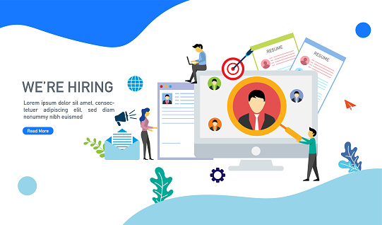 We are hiring and online recruitment concept with tiny people character suitable for landing page, template, mobile app, banner, template, vector illustration. template