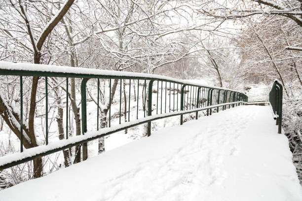 istock Footprints of snow on a old bridge 1091236118