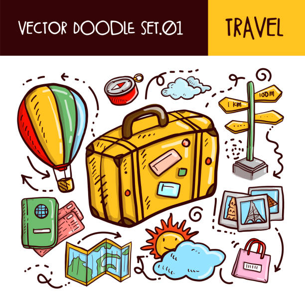reise-doodles-icon. vektor-illustration-set - doodle map drawing sunglasses stock-grafiken, -clipart, -cartoons und -symbole