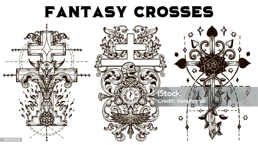 Design set with fantasy crosses with rose, gothic and baroque patterns on white Vintage vector decorative religious illustration, old gothic graphic drawings Cross Shape stock vector