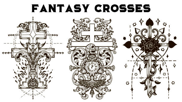 Design set with fantasy crosses with rose, gothic and baroque patterns on white Vintage vector decorative religious illustration, old gothic graphic drawings cross tattoo stock illustrations