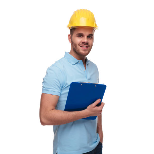 istock relaxed engineer wearing blue polo shirt holds pockets 1091242874