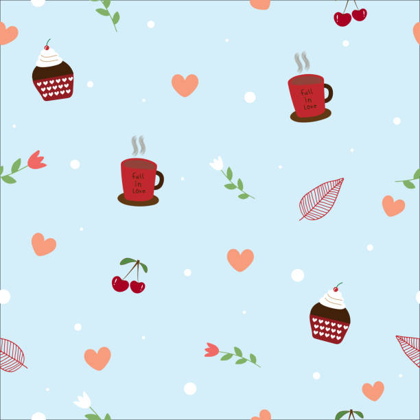 сладкий бесшовный узор синего фона с чашкой кофе и шоколадный кекс украшен розовым сердцем, спелой вишни, белые и розовые цветы, красный лис - cherry valentine stock illustrations