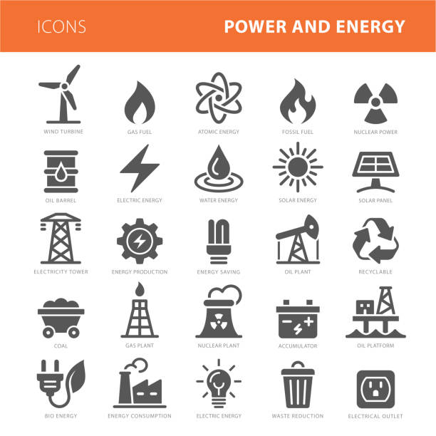 ilustraciones, imágenes clip art, dibujos animados e iconos de stock de energía los iconos vector gris ilustración conjunto - producción de combustible y energía