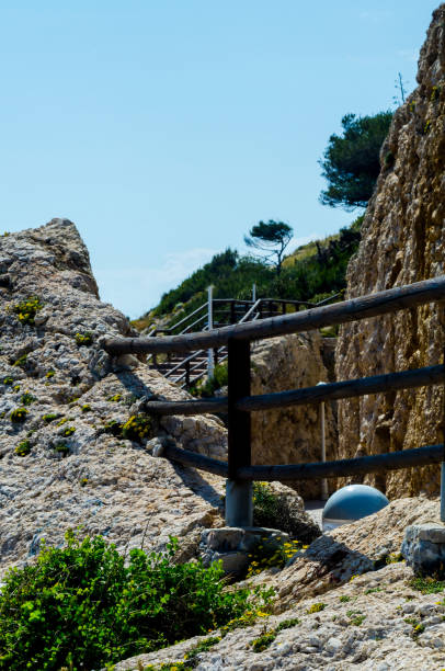海沿岸の木製遊歩道沿い崖岩でリンコン デ ラ ビクトリア、コスタ ・ デル ・ ソル、アンダルシア - costa victoria ストックフォトと画像