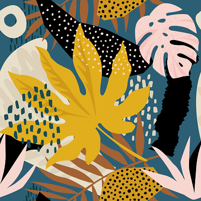 Trendy seamless exotic pattern with tropical plants and animal prints. Vector illustration. Modern abstract design for paper, wallpaper, cover, fabric, Interior decor.