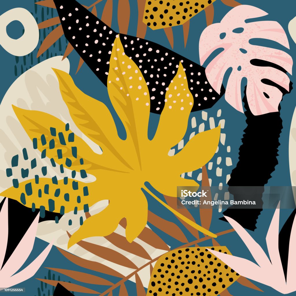 Trendy seamless exotic pattern with tropical plants and animal prints. Vector illustration. Modern abstract design for paper, wallpaper, cover, fabric, Interior decor and other users Trendy seamless exotic pattern with tropical plants and animal prints. Vector illustration. Modern abstract design for paper, wallpaper, cover, fabric, Interior decor. Pattern stock vector