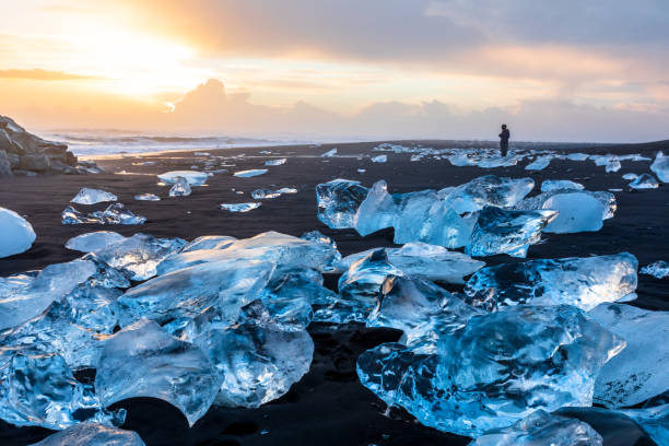 Diamond Beach in Iceland with blue icebergs melting on the black sand and ice glistening with sunrise sun light, tourist looking at beautiful arctic nature scenery, Icelandic South coast, Jokulsarlon Diamond Beach in Iceland with blue icebergs melting on the black sand and ice glistening with sunrise sun light, tourist looking at beautiful arctic nature scenery, Icelandic South coast, Jokulsarlon basalt photos stock pictures, royalty-free photos & images