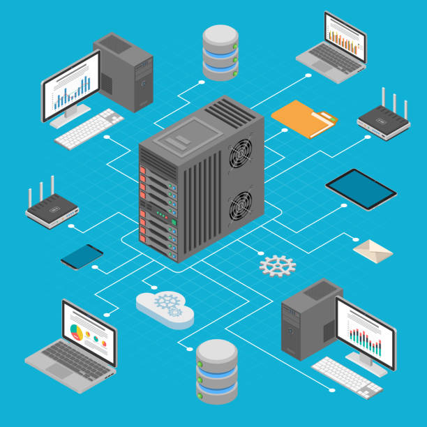 Data Network Technology Isometric Data Network Technology Isometric business concept with network server, computer, laptop, router and tablet icons. Storage and transfer data. vector illustration isometric cloud server stock illustrations