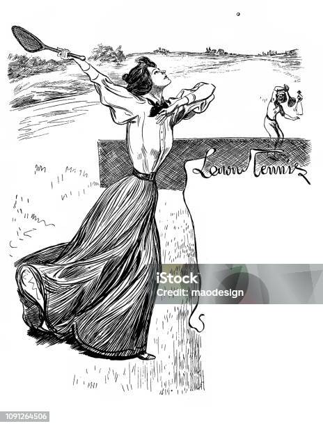 Playing On The Tennis Court 1896 Stock Illustration - Download Image Now - History, Storytelling, Tennis