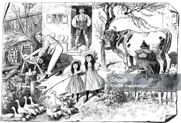 Life On The Farm 1896 Stock Illustration - Download Image Now - Domestic Cattle, Old, Old-fashioned
