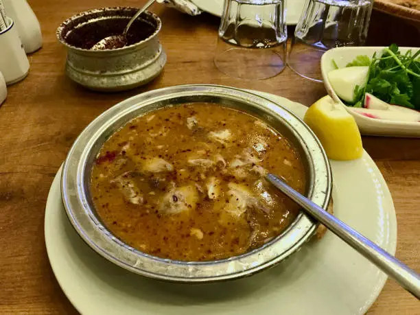 Traditional Turkish Soup Kelle Paca also called Beyran. Organic Food.
