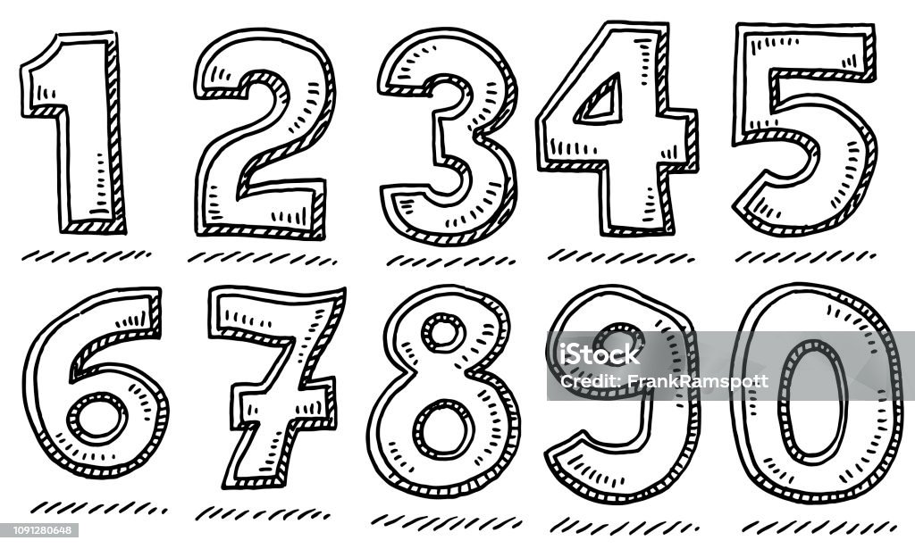Bold Numbers Set Drawing Hand-drawn vector drawing of a Bold Numbers Set. Black-and-White sketch on a transparent background (.eps-file). Included files are EPS (v10) and Hi-Res JPG. Number stock vector