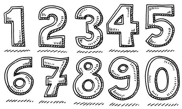 Bold Numbers Set Drawing Hand-drawn vector drawing of a Bold Numbers Set. Black-and-White sketch on a transparent background (.eps-file). Included files are EPS (v10) and Hi-Res JPG. clip art of number nine stock illustrations