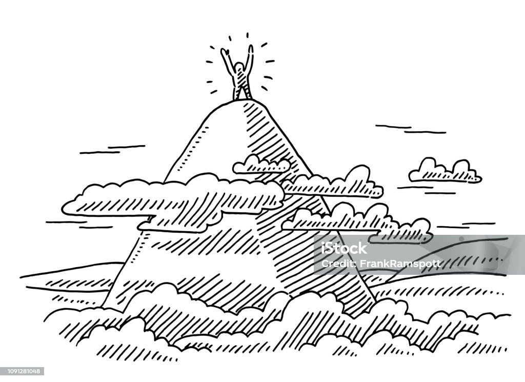 Human Figure On Top Of Mountain Drawing Hand-drawn vector drawing of a Human Figure On Top Of a Mountain. Black-and-White sketch on a transparent background (.eps-file). Included files are EPS (v10) and Hi-Res JPG. Success stock vector