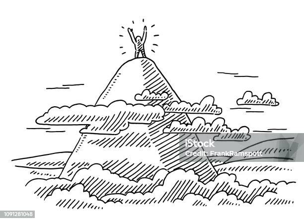 Human Figure On Top Of Mountain Drawing Stock Illustration - Download Image Now - Success, Arms Raised, Drawing - Art Product