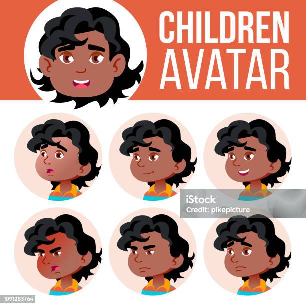 Black Afro American Boy Avatar Set Kid Vector Kindergarten Face Emotions Portrait User Child Junior Preschool Kiddy Colorful Design Cartoon Head Illustration Stock Illustration - Download Image Now