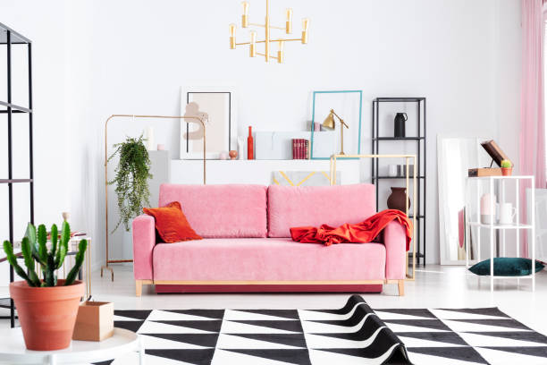 istock Plant on table and patterned carpet in front of pink sofa in white flat interior with posters. Real photo 1091285464