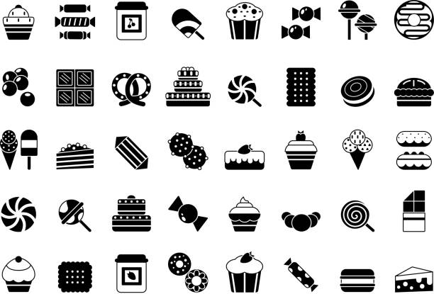 Black icon of sweets. Candies chocolate biscuits pie ice cream and pancakes monochrome vector silhouettes Black icon of sweets. Candies chocolate biscuits pie ice cream and pancakes monochrome vector silhouettes. Illustration of chocolate cake and biscuit, candy and pie ice pie stock illustrations