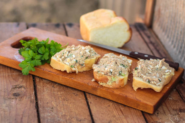 sandwich with fish pate  riyet (smorrebrod). copy space. top sandwich fish tuna pate stock pictures, royalty-free photos & images