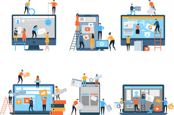 tworzenie witryny. strony internetowe w budowie seo optymalizacji marketingu prostych ludzi grupy zespół biznesowy wektor stylizowane znaki - grupa zwierząt ilustracje stock illustrations